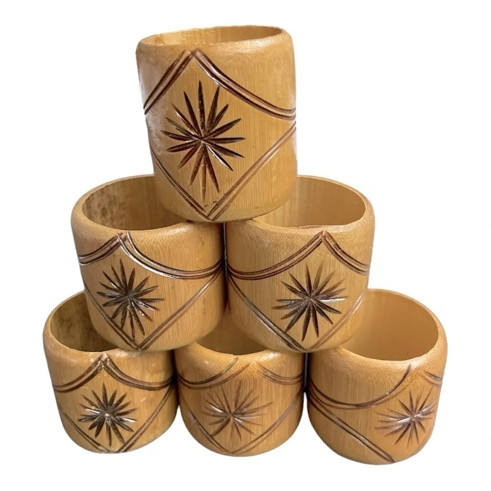 Bamboo Wood Set Of 6 Napkins Rings Hand Carved Design